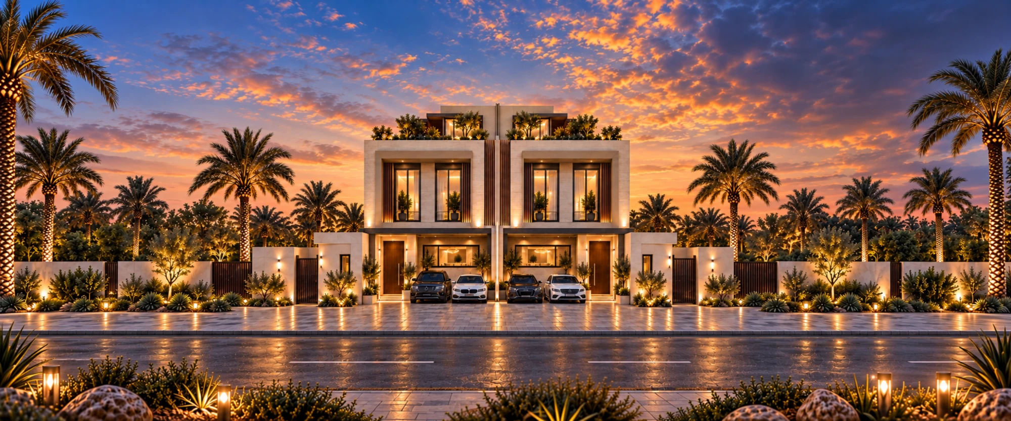 واجهة فيلا فاخرة وقت الغروب